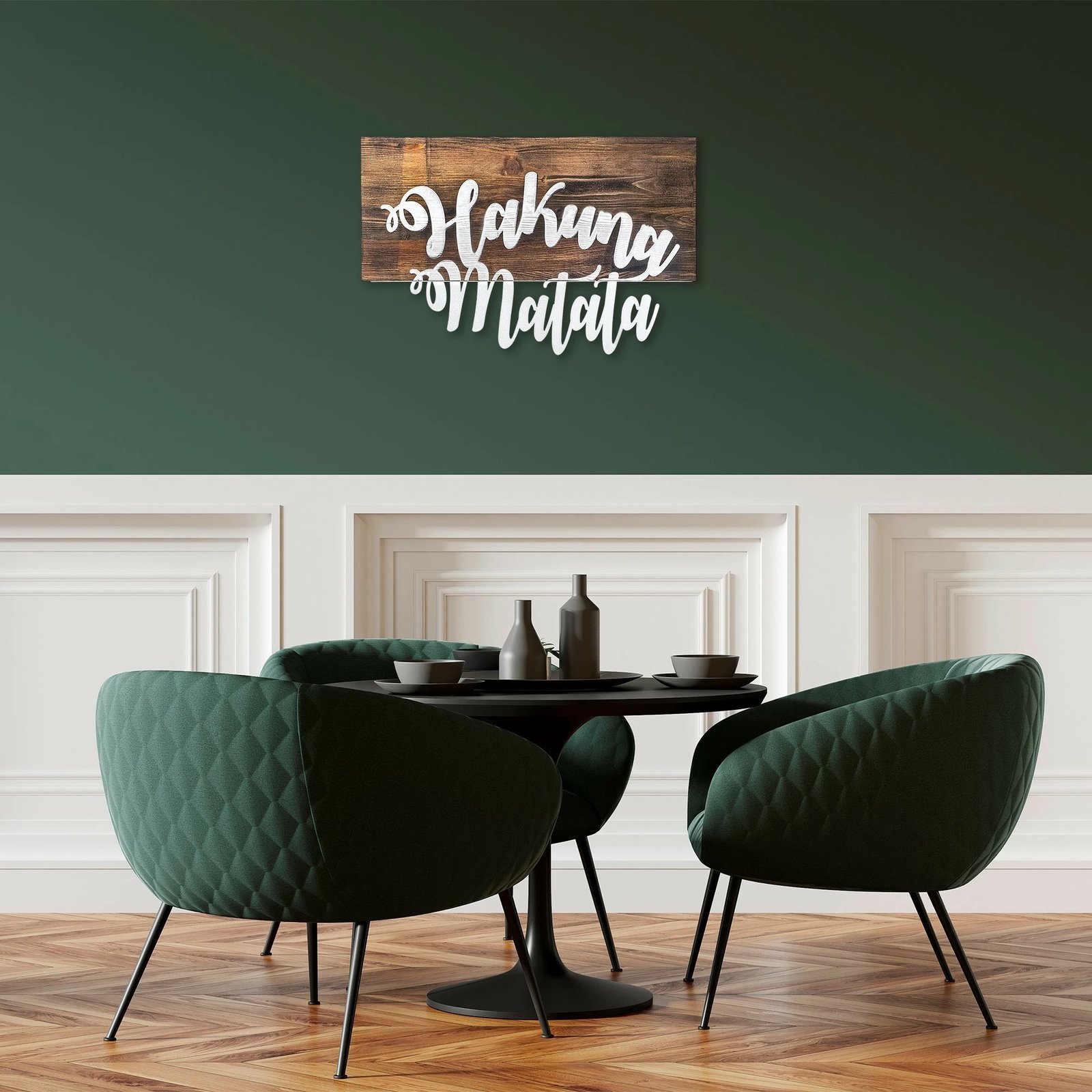 Aksesor dekorativ për mur, dru dhe metal, Hakuna Matata, ngjyrë arre dhe argjendi, Wallity