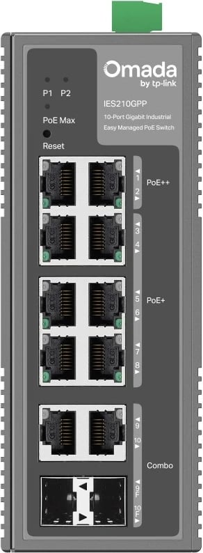 Switch TP-Link IES210GPP, 8x Gigabit RJ45 (2 PoE++ 60W, 6 PoE+), 2x Gigabit Combo RJ45/SFP, PoE total 240W, IP40, montim DIN/mur