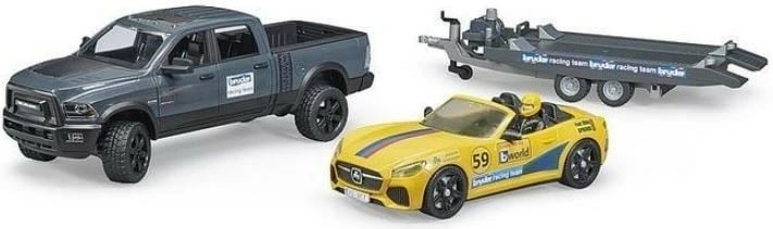 Set lodrash BRUDER Dodge RAM 2500 Power Wagon me rimorkio dhe veturë Roadster Racing Team, 1:16, zi/gri/verdhë