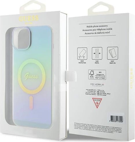 Mbështjellës Guess GUHMP15MHITSQ për iPhone 15 Plus 6.7", IML Iridescent MagSafe, kaltër