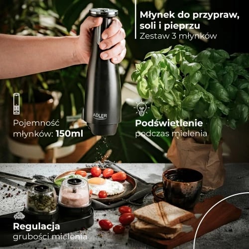 Mulli elektrik për kripë dhe piper, Adler AD 4449, rregullim trashësisë, kapacitet 150 ml, bateri 1500mAh, USB-C, e zezë mat, set 3 mullinj