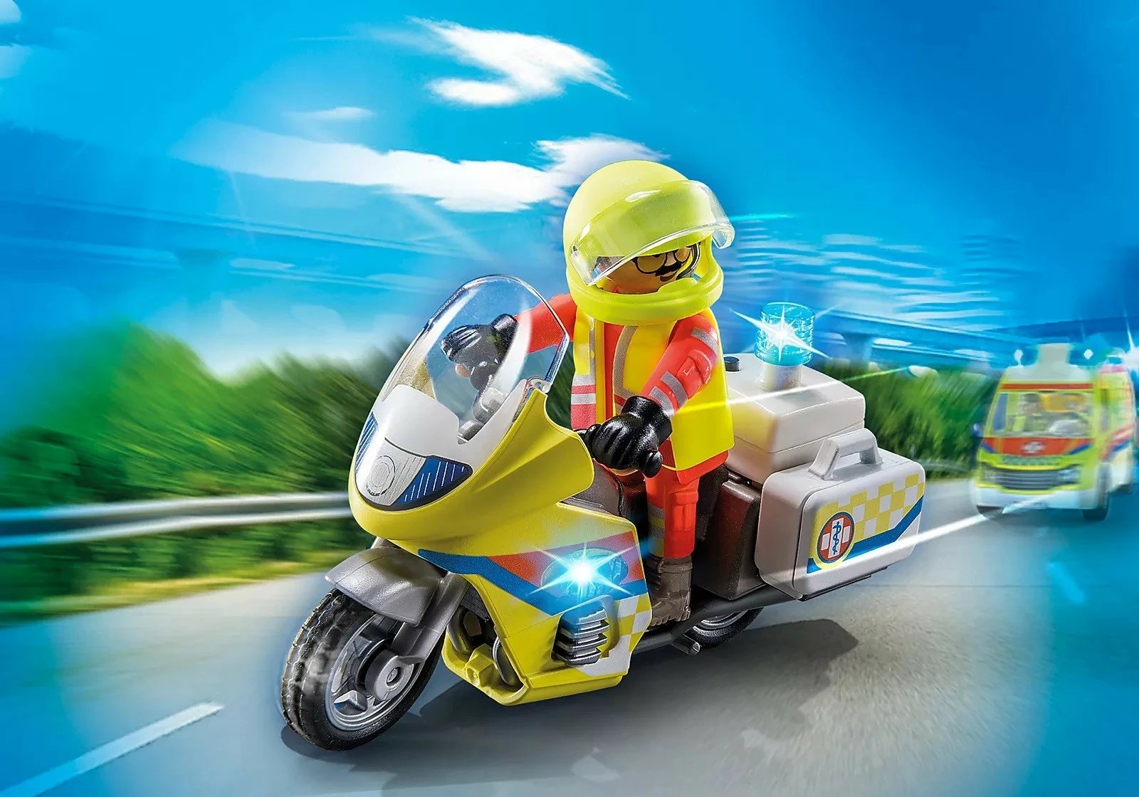 Set lodrash Playmobil City Life 71205, motor shpëtimi me drita dhe figurë mjeku, 20 pjesë