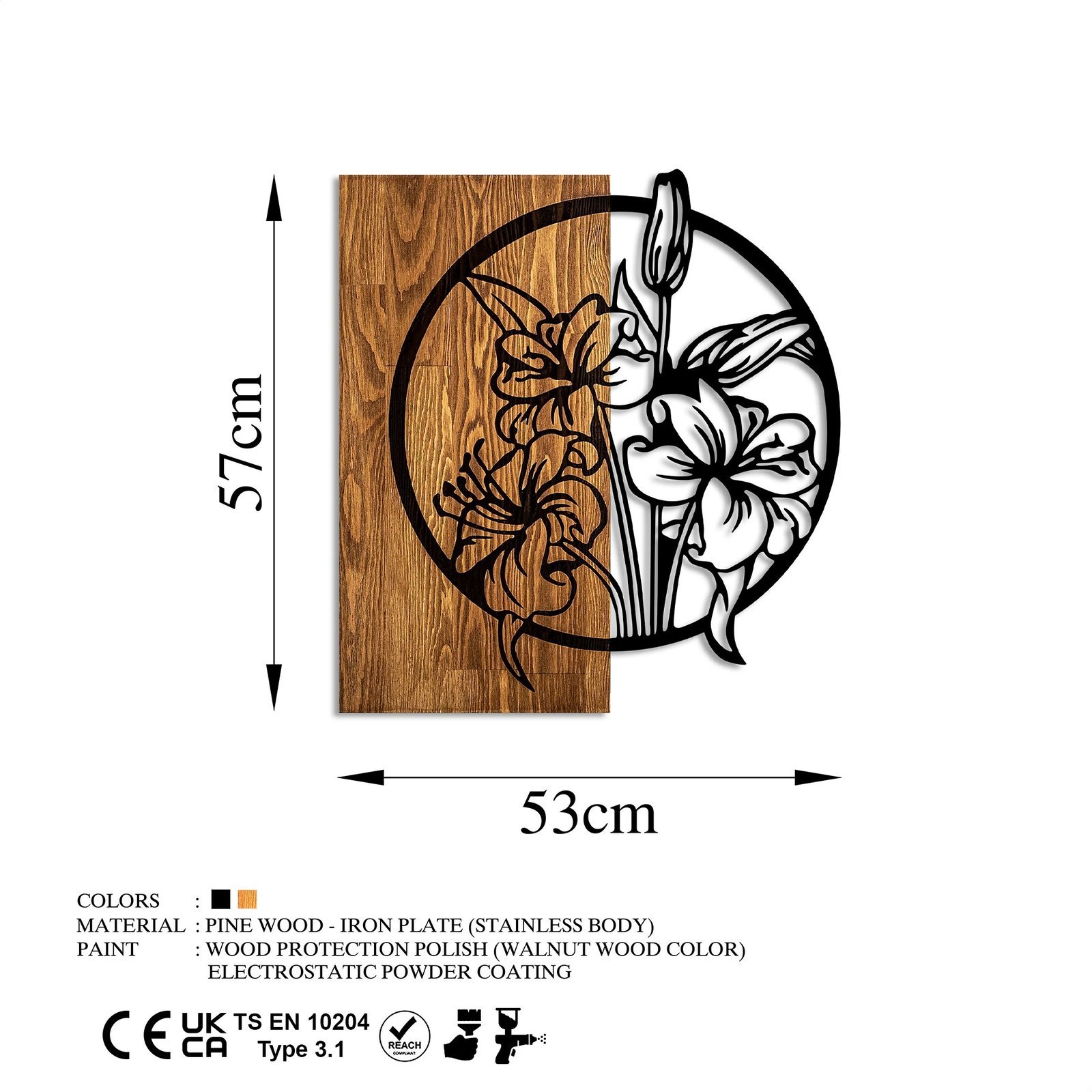 Aksesor dekorativ prej druri për mur, Wallity, lule, ngjyrë arre dhe e zezë