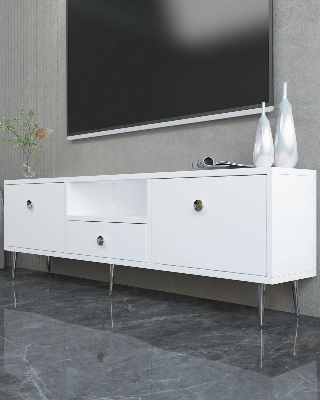 Komodë TV Skye Decor, e bardhë, argjend, 1307-DROP-1