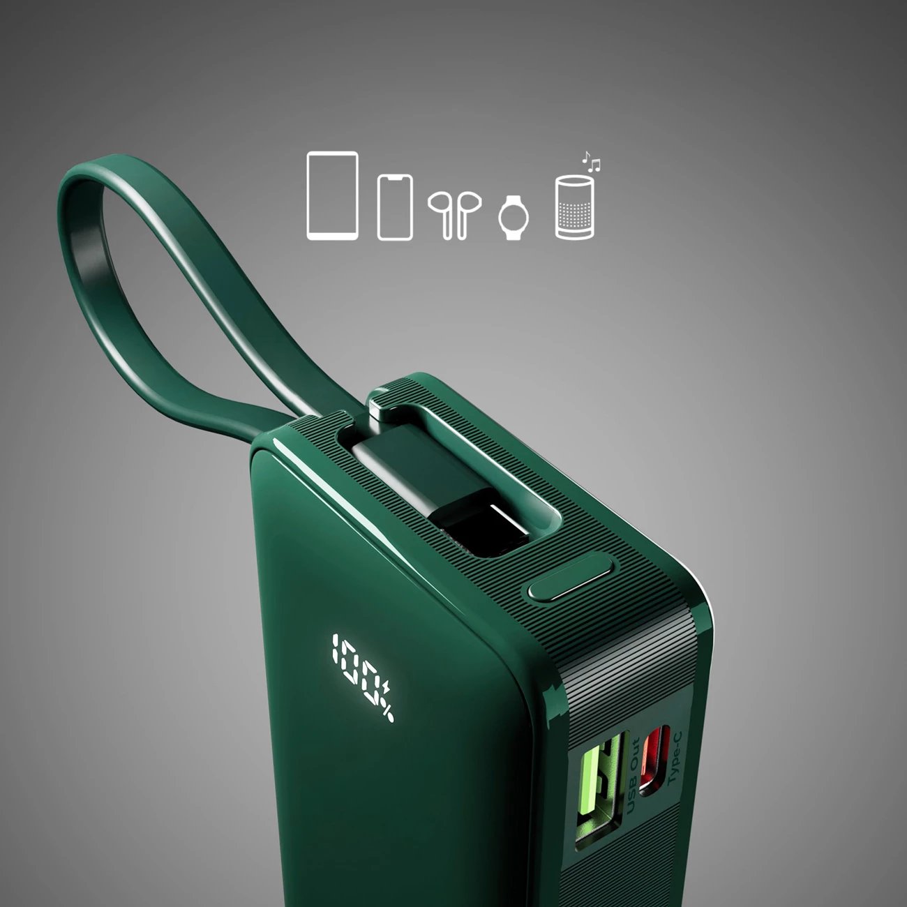 Powerbank SBS 10000 mAh 20W me kabllo USB-C të integruar dhe ekran digjital, e gjelbër