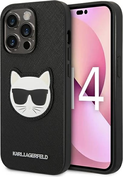 Mbështjellës Karl Lagerfeld KLHCP14XSAPCHK për iPhone 14 Pro Max 6.7", Saffiano Choupette Head Patch, i zi