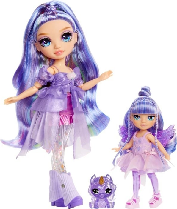 Kukull lodër Rainbow High Littles Amethyst Willow me krahë, 14cm, vjollcë, set me kafshë lodër