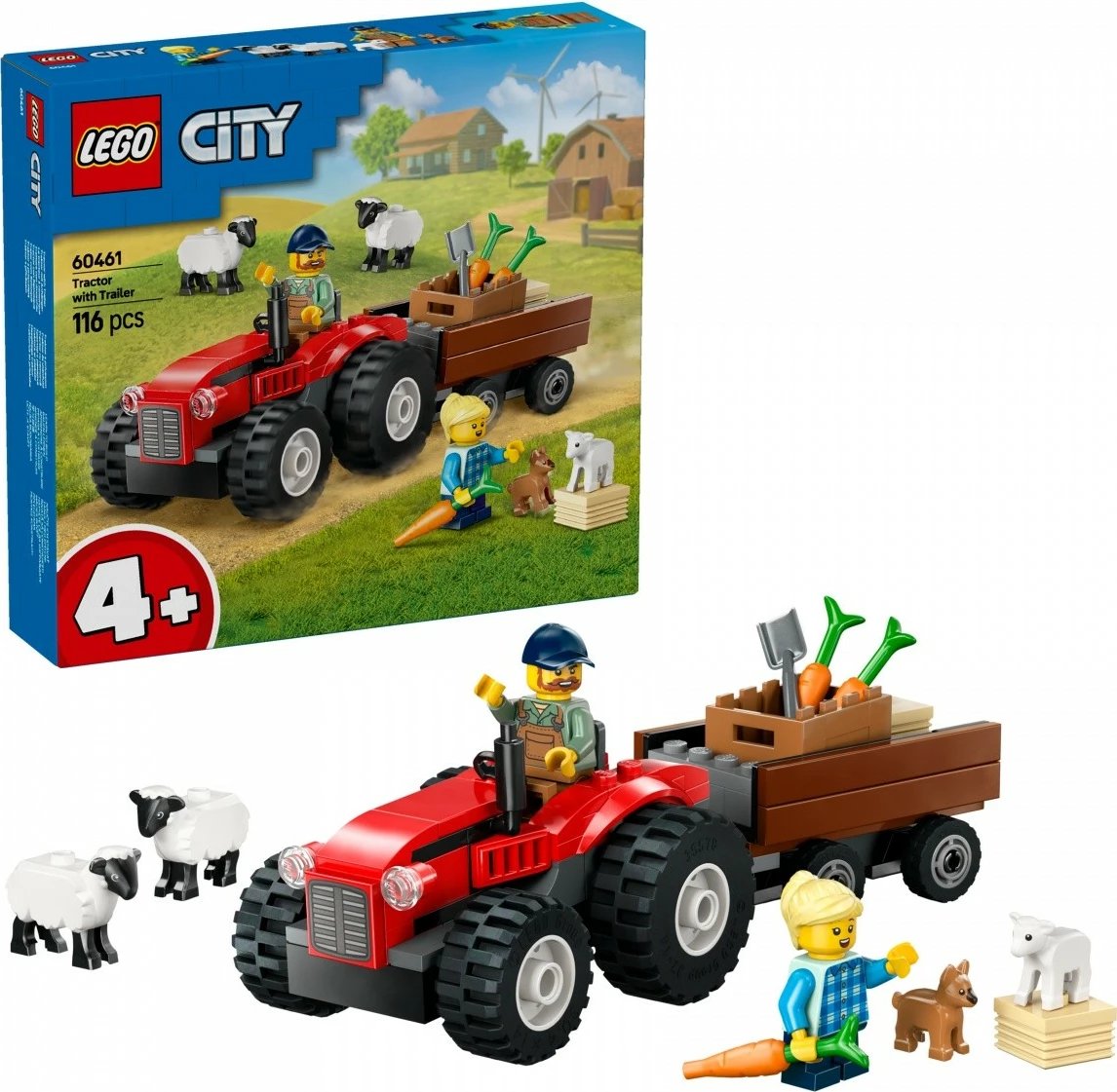 Set ndërtimi LEGO City 60461, traktor i kuq me rimorkio dhe dele, 116 pjesë