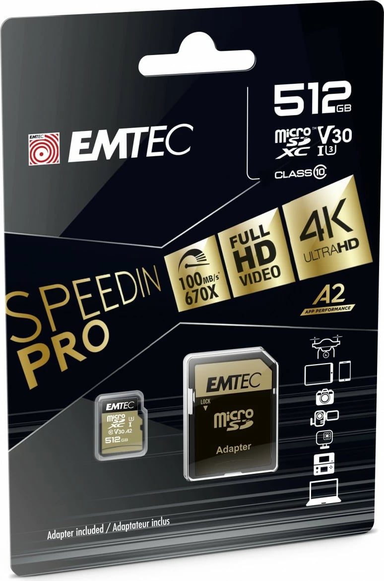 MicroSDXC EMTEC ECMSDM512GXC10SP 512GB Class 10 UHS-I A2 e zezë/ari