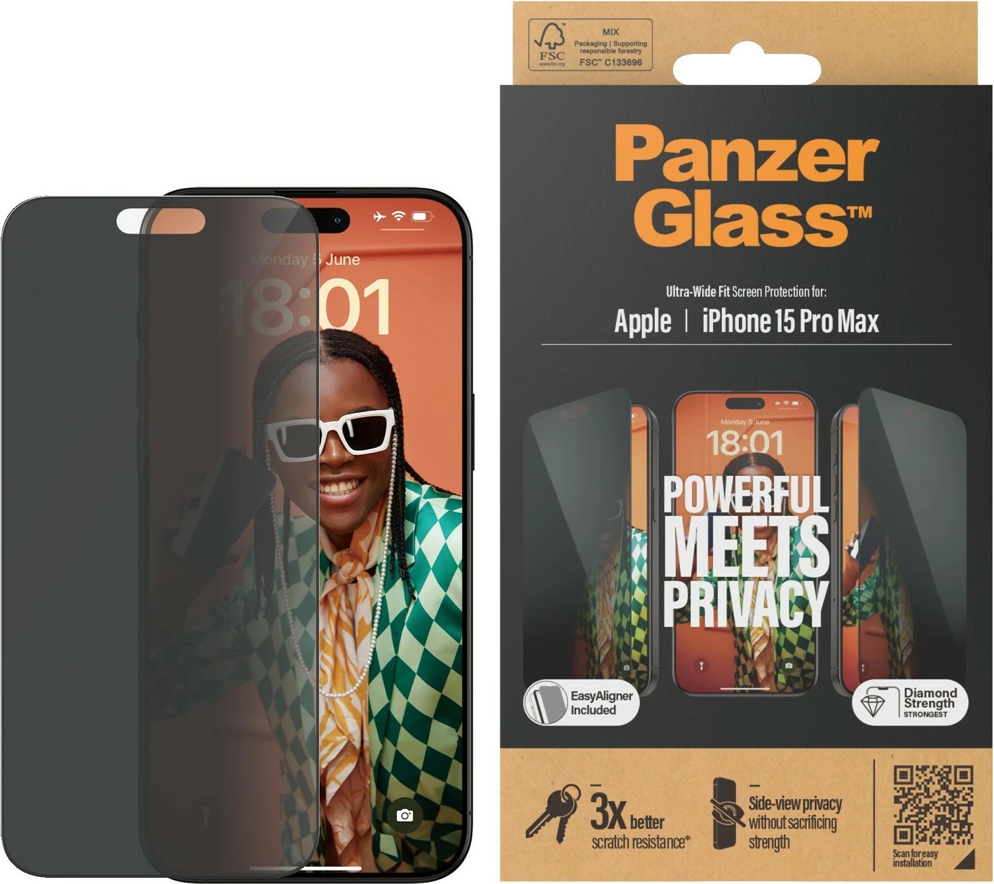Mbrojtës ekrani PanzerGlass Privacy për iPhone 15 Pro Max, EasyAligner