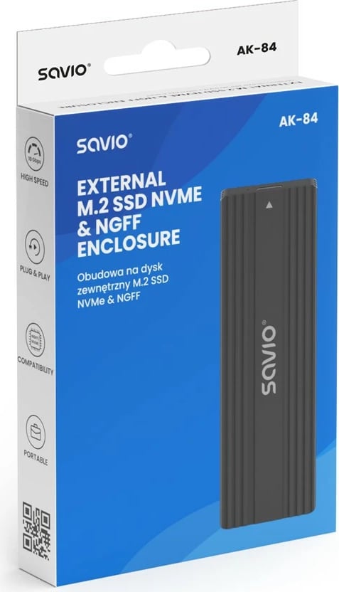 Kasë e jashtme për M.2 SSD, Savio, AK-84, NVMe & SATA (NGFF), USB 3.1 Gen 2 10 Gb/s, formate 2230/2242/2260/2280, e zezë