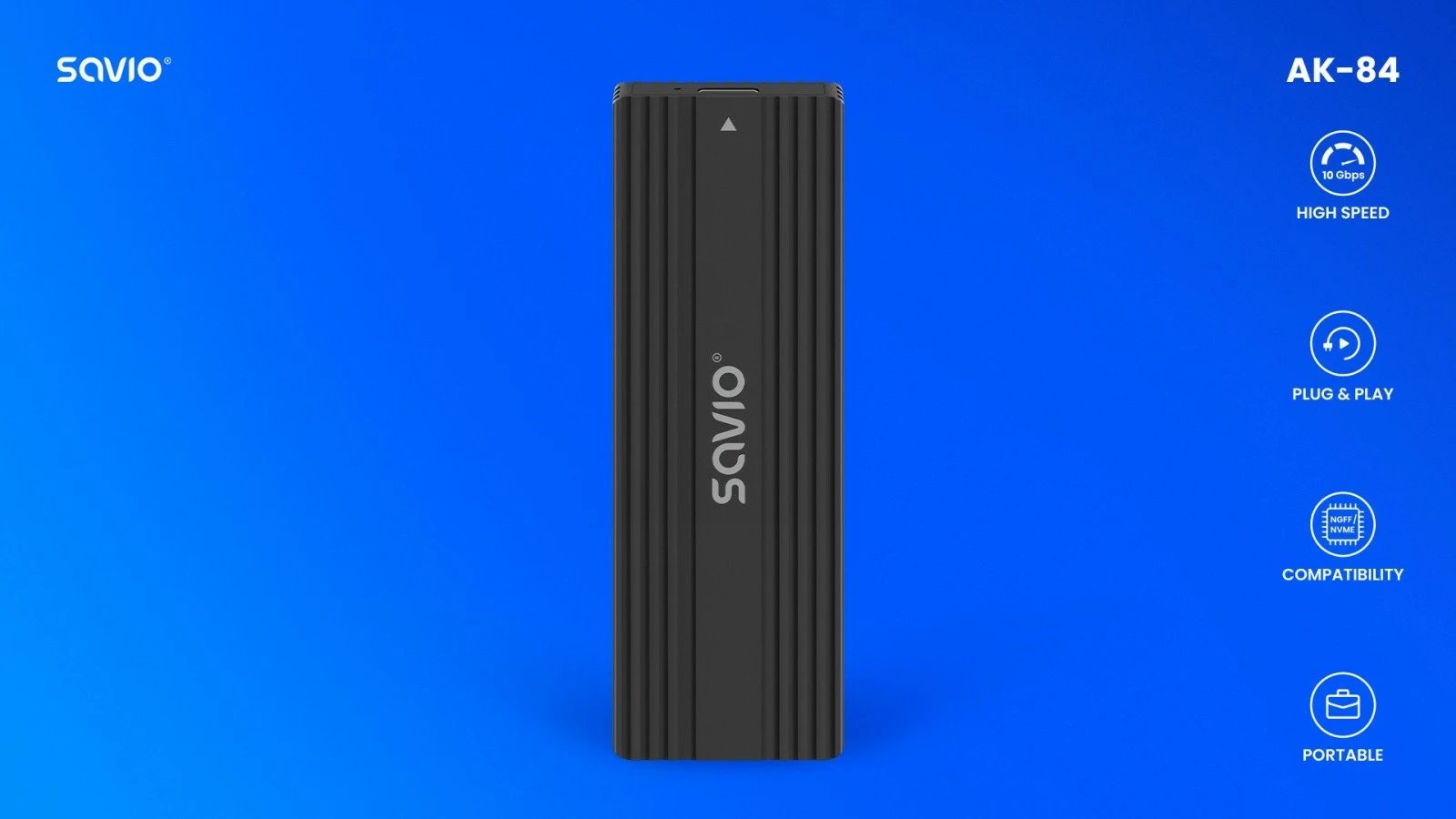 Kasë e jashtme për M.2 SSD, Savio, AK-84, NVMe & SATA (NGFF), USB 3.1 Gen 2 10 Gb/s, formate 2230/2242/2260/2280, e zezë