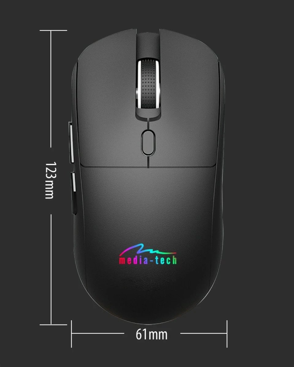 Maus pa kabllo Media-Tech MT1124 2-në-1 BT 5.0/RF 2.4GHz 1200-3200 DPI USB-C i rikarikueshëm ndriçim RGB, e zezë