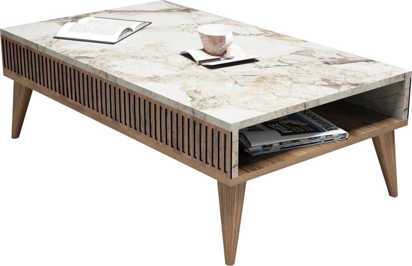 Tavolinë kafeje, FH9505.03, melaminë, ngjyrë arre, pamje mermeri të bardhë, 105x60x34.6H cm
