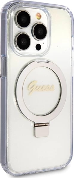 Mbështjellës Guess Ring Stand Script Glitter MagSafe për iPhone 15 Pro, Transparent