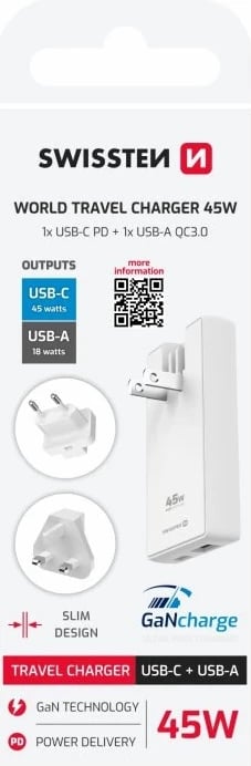 SWISSTEN KARIKUES GaN USB-C + USB-A 45W me priza të ndërrueshme (SHBA, BE, Britani e Madhe)
