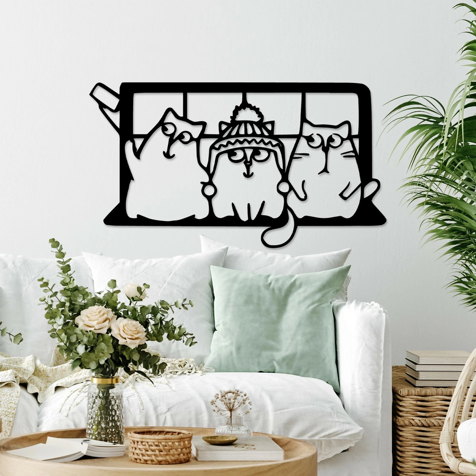 Aksesor dekorativ metalik për mur, mace, Wallity, Cat 7, ngjyrë e zezë, 60x35cm