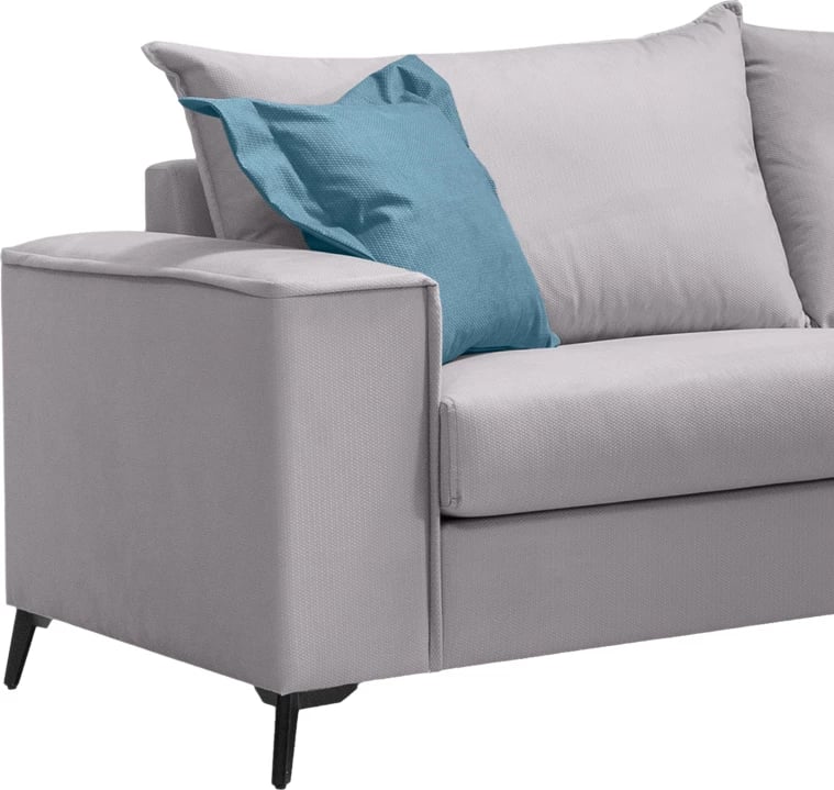 Set divanësh Verona 2 copë, pëlhurë gri e çelët me jastëkë ngjyrë blu