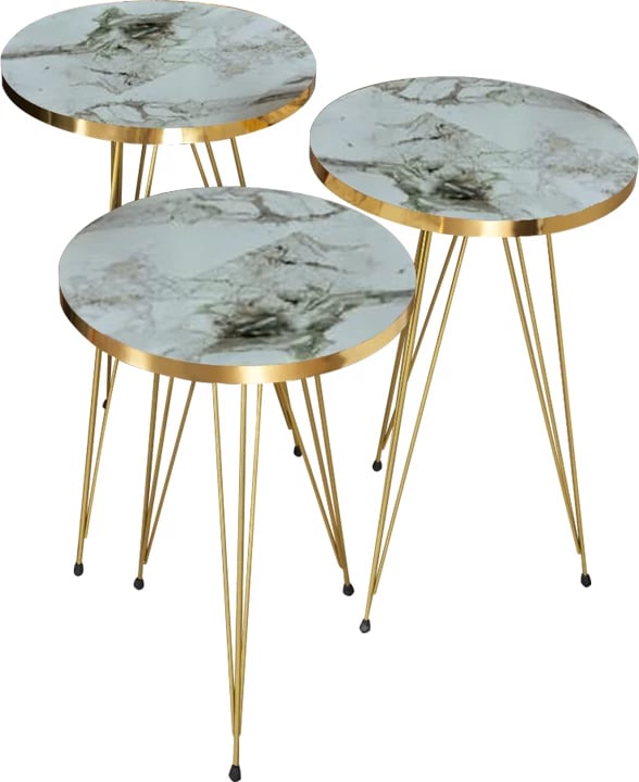 Tavolina anësore Wakmi 3 copë set ngjyrë mermeri të bardhë bezhë melaminë-metal i artë