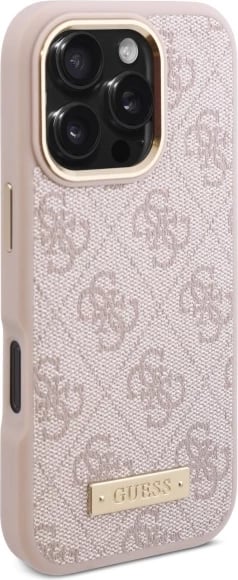 Mbështjellës Guess 4G Logo Plate MagSafe për iPhone 16 Pro, Rozë
