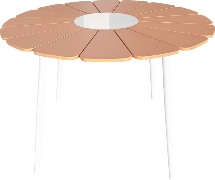 Set tavolinë me karrige Pinap-Dashiell, alumin i bardhë, kompensatë natyrale, 5 copë, Φ110x74cm