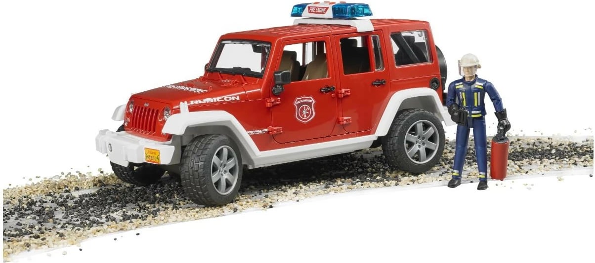 Makina lodër BRUDER Jeep Wrangler zjarrfikës BR-02528, shkallë 1:16, modul dritë/tingull, me figurë, e kuqe/zezë/bardhë