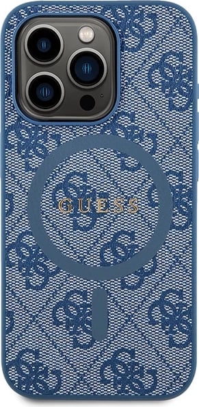Mbështjellës Guess 4G Collection Leather Metal Logo MagSafe për iPhone 14 Pro, Kaltër