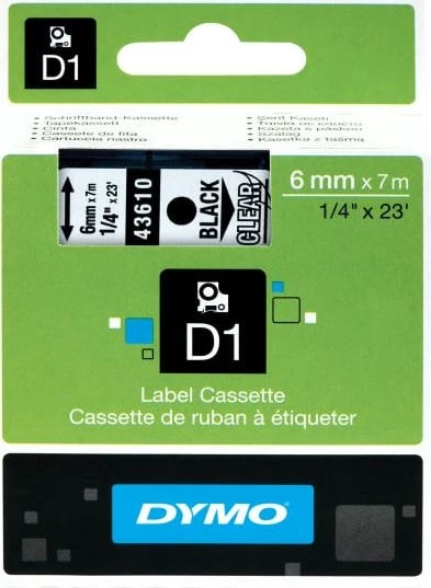 Shirit etiketime, Dymo, D1 43610 S0720770, 6mm x 7m, i zi në transparent