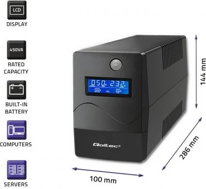 UPS Qoltec Monolith 1 kVA 600 W, 2 dalje AC, Ekran LCD, i zi UPS Qoltec Monolith 1 kVA 600 W, 2 dalje AC, Ekran LCD, i zi