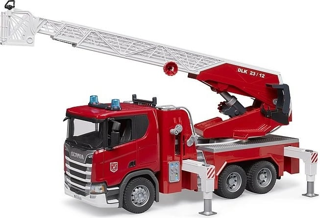 Kamion zjarri lodër BRUDER Scania Super 560R me pompë uji, dritë-zë, kuqe-bardhë, 1:16