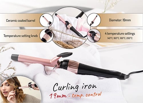 Figaro flokësh Adler AD 2116, 19mm, kontroll temperature 4 nivele 140-200°C, cilindër qeramik, rozë/zezë