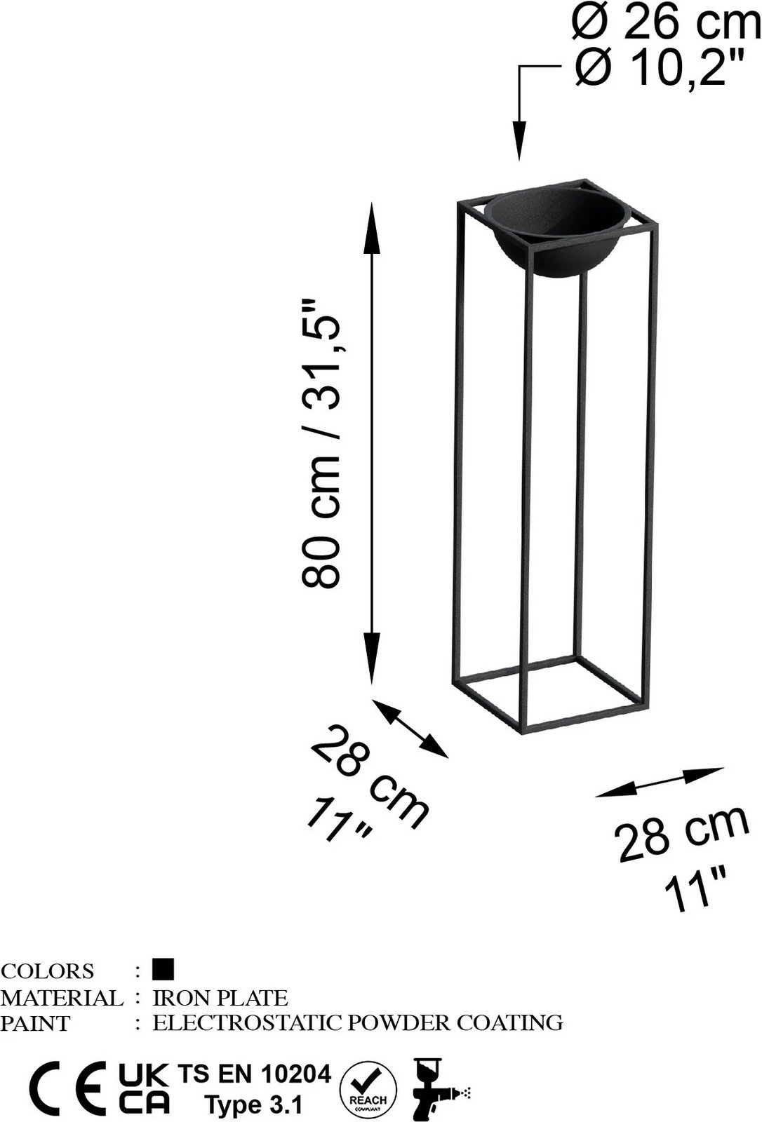 Vazo dekorative, e zezë, Evila Originals, GED-020, 28x80x28 cm