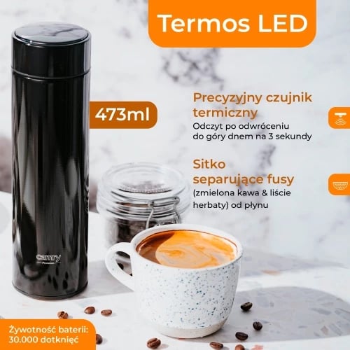 Termos, Camry CR 4507bk, ekran LED temperaturë, 473ml, çelik inox 304, i zi Termos, Camry CR 4507bk, ekran LED temperaturë, 473ml, çelik inox 304, i zi