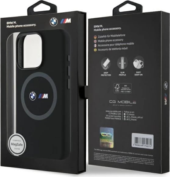 Mbështjellës BMW M për iPhone 16 Pro Max, silikon, MagSafe, zi