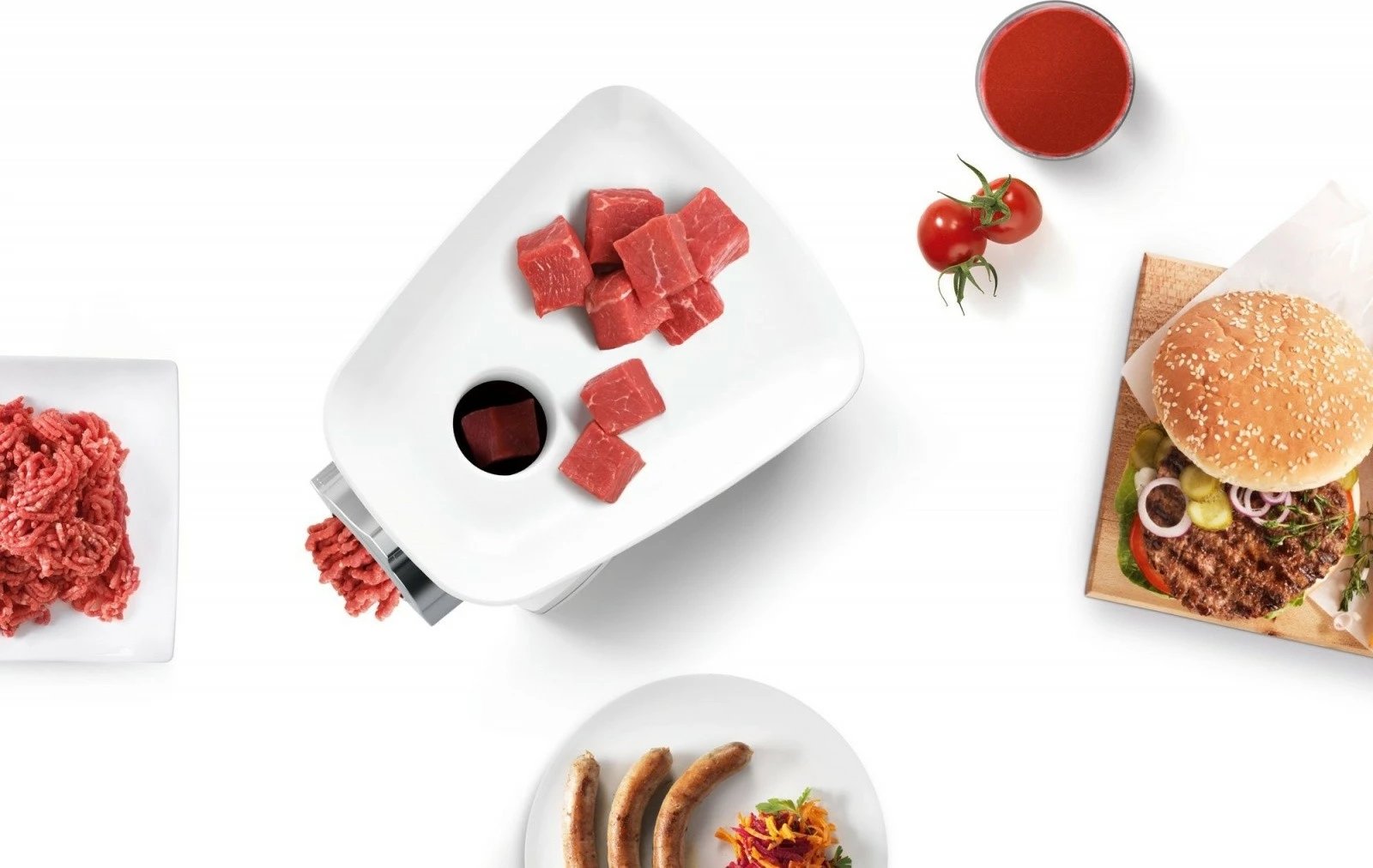 Grirëse mishi, Bosch MFW2517W, 1500W, sita 3.8/8 mm, me grirëse perimesh 3 tamburë, shtytës salçiçe, shtrydhëse manaferre/domate, e bardhë