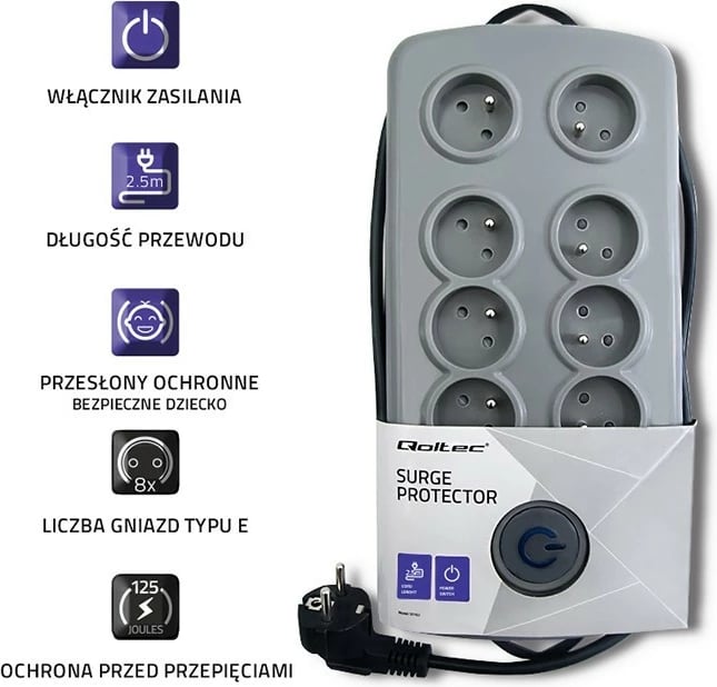 Kasë Qoltec 50162 me 8 dalje, Quick Switch, 2.5m, Gri