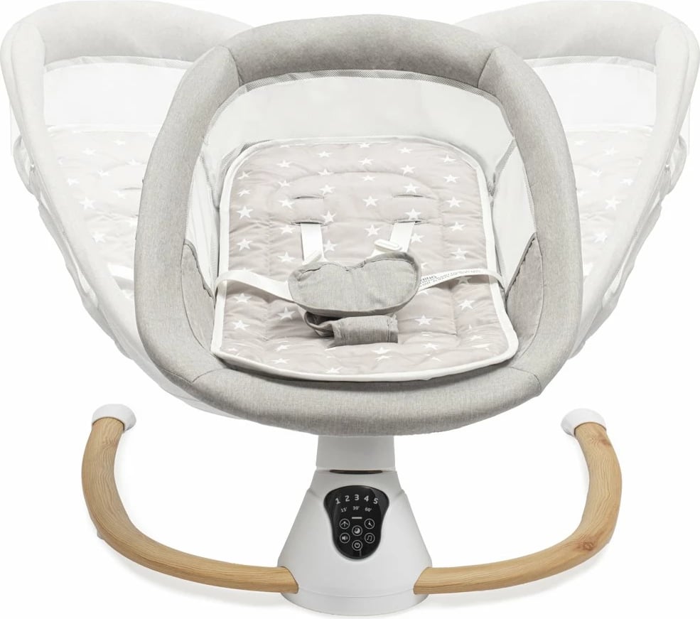 karrige lëkundëse elektrike bebe, New Baby SMART, detektor lëvizjeje/qaje, 5 shpejtësi, 12 melodi + 5 tinguj natyre, rrip 5-pikësh, tendë me rrjetë mushkonjash, gri