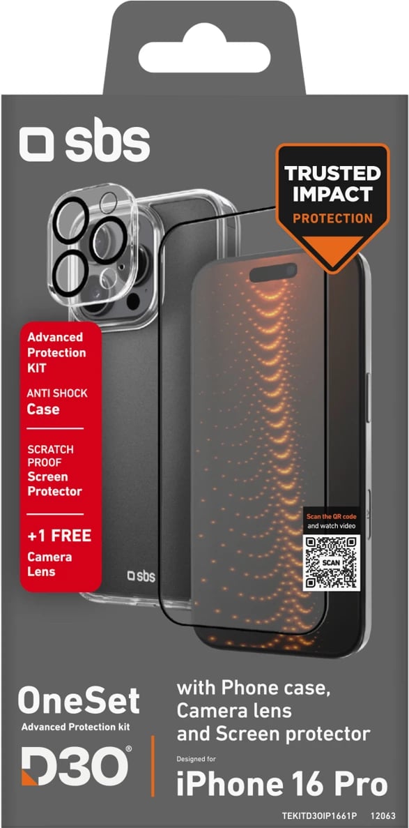 Mbështjellës + xham mbrojtës SBS D3O për iPhone 16 Pro, transparent, set
