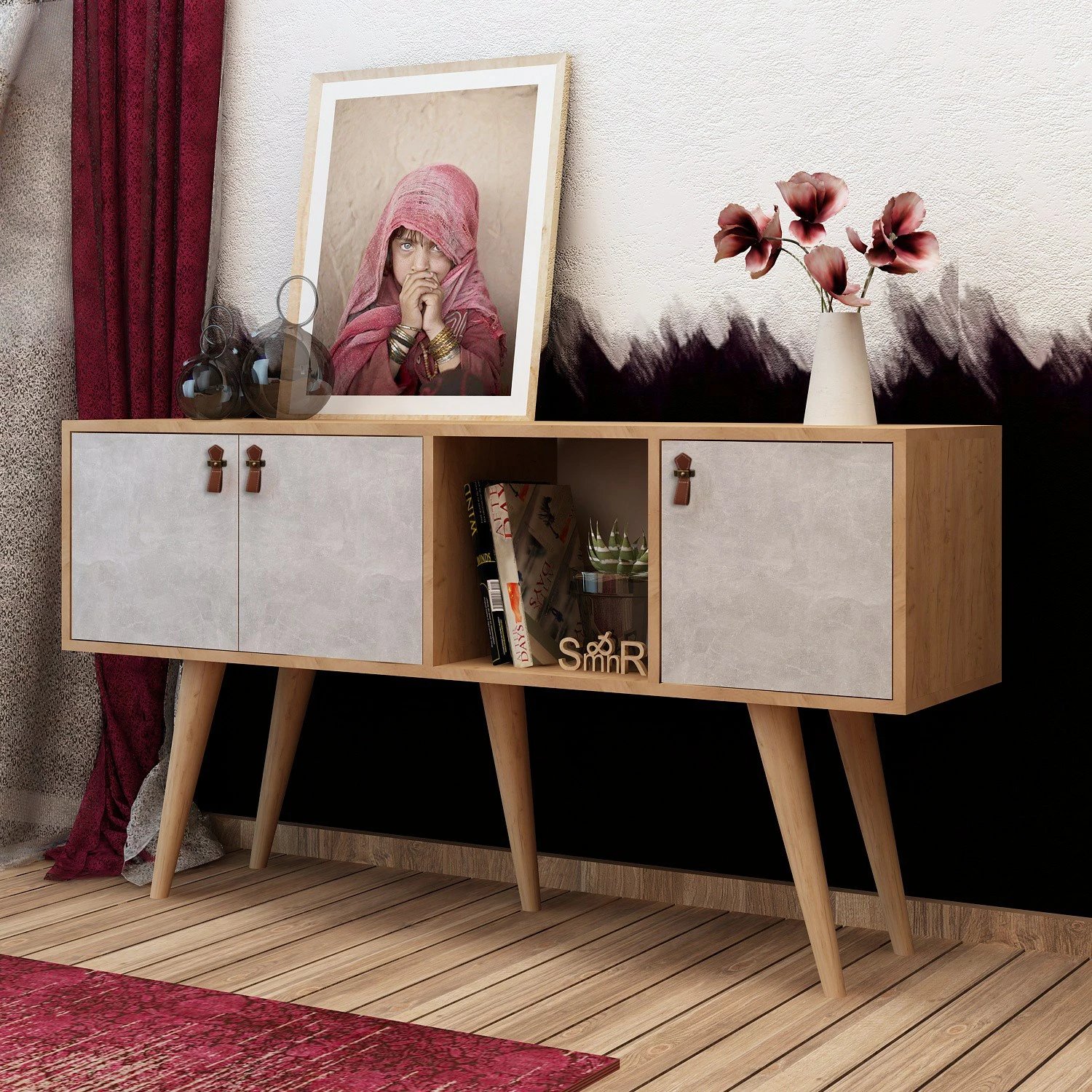 Komodë Hanah Home, Plamen, ngjyrë lisi dhe e bardhë