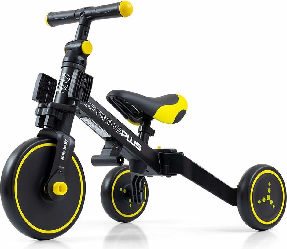 Tricikel 4n1 me shufër drejtimi, Milly Mally Optimus Plus, rrota EVA, kornizë çeliku, për 12m+, deri 25 kg, e zezë