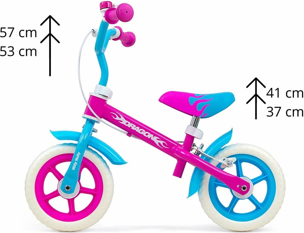 Biçikletë pa pedale për fëmijë, Milly Mally Dragon, rrota shkumë 10", me frenë, ulëse dhe timon të rregullueshëm, zile, rozë