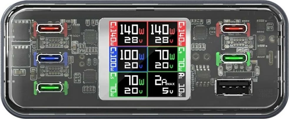 Stacion karikimi desktop, 4smarts Lucid GaN DIY 360W (MPN 4SM000027), 5x USB-C + 1x USB-A, PD 3.1/QC 3.0, ekran LED, gri