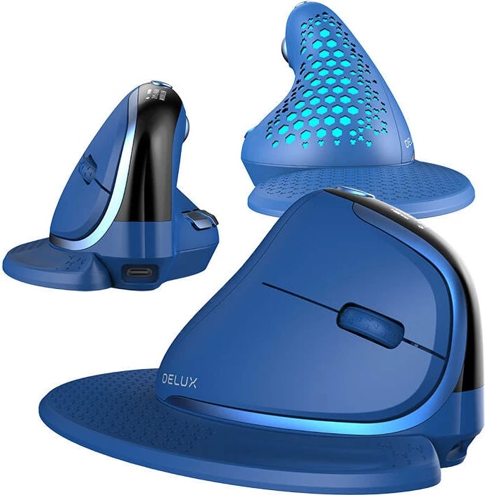 Maus vertikal Delux M618XSD, wireless BT+2.4G, OLED, RGB, USB-C, Blu