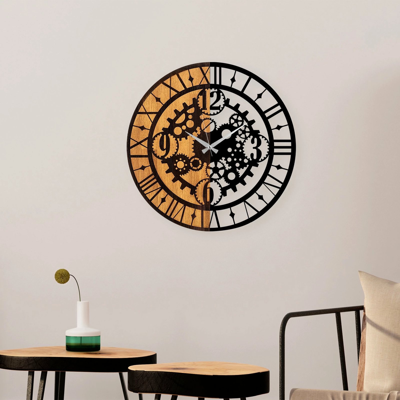 Orë muri dekorative prej druri, Wallity, ngjyrë arre dhe e zezë, 56cm