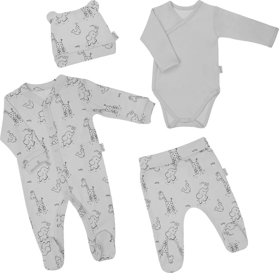 Set bebe Nicol Baby Animals, 100% pambuk, 4 pjesë, madhësi 68 (4-6m), gri