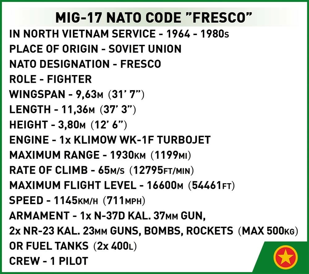 Set ndërtimi Cobi Klocki MiG-17 Fresco, Historical Collection, 577 pjesë, me figurë piloti, Kamuflazh blu-bardhë