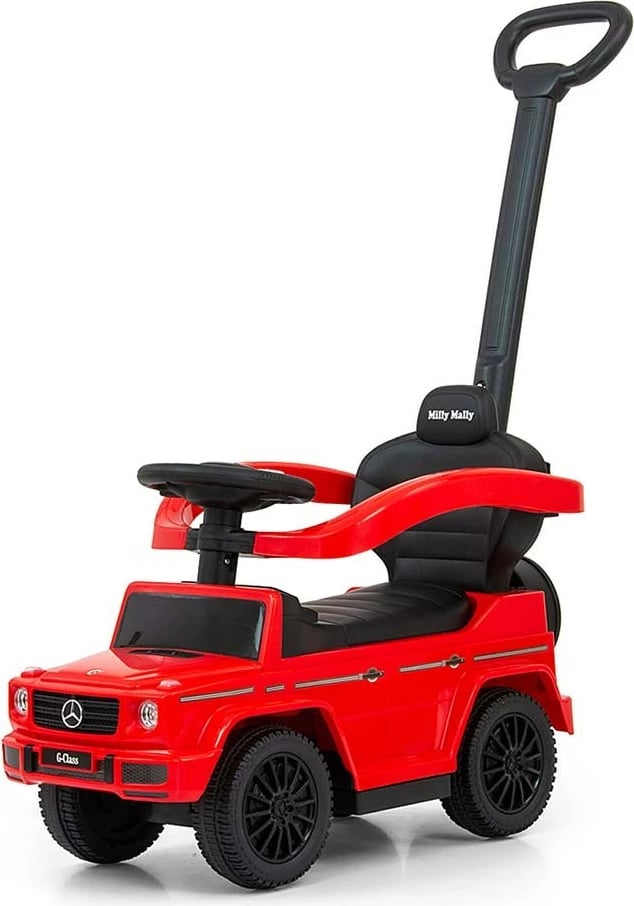 makinë ride-on me guidë, Milly Mally Mercedes G350d, 12–36 muaj, deri 25 kg, tinguj me 2xAA, sedilje me hapësirë poshtë, e kuqe