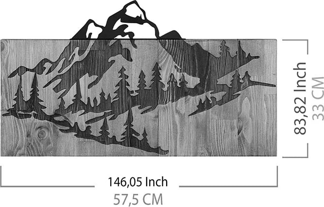 Dekor muri Mounten, dru pishe natyrale, metal i zi, 57.5x3x33cm