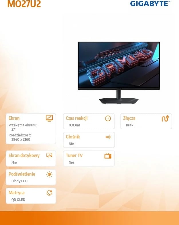 Monitor gaming, Gigabyte MO27U2, 27" 4K UHD 240Hz, QD‑OLED, HDR 1000, me altoparlantë, e zezë