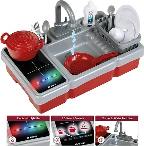 Lavaman kuzhine lodër, Klein 7110, pompë uji dhe drita/tinguj, set aksesorësh, e kuqe/argjendtë/zezë